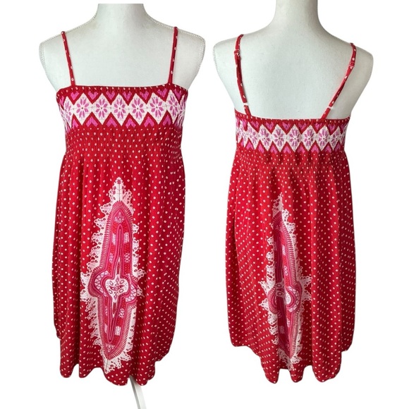 Sundress Boho Breezy Stretchy Smocked Bodice Indian Gauzy Material Red Pink OS - Picture 1 of 16